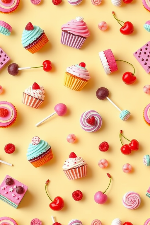 create a seamless pattern of colorful desserts including cakes, cupcakes, lollipops, and cherries on a pale yellow background, shot with a macro lens at f/2.8 for sharp detail, ISO 100, 1/200s, top-down view using a DSLR camera for vibrant color reproduction and clarity