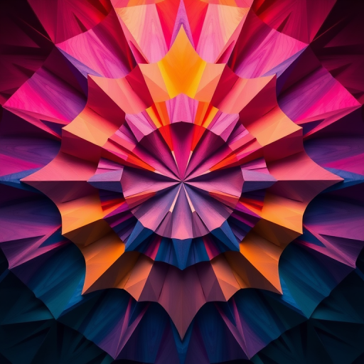 Generate a high-resolution abstract geometric design with vibrant colors, using a Canon EOS R5 camera, 50mm lens, f/1.8 aperture, ISO 100, in a top-down view to enhance texture and detail.
