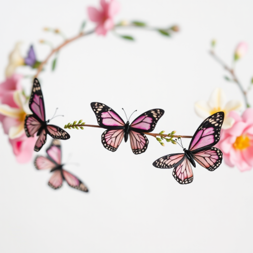 close-up of a floral headband with butterflies set against a white background, natural lighting, macro lens, f/2.8 aperture, 100mm, ISO 100, shallow depth of field, digital SLR camera