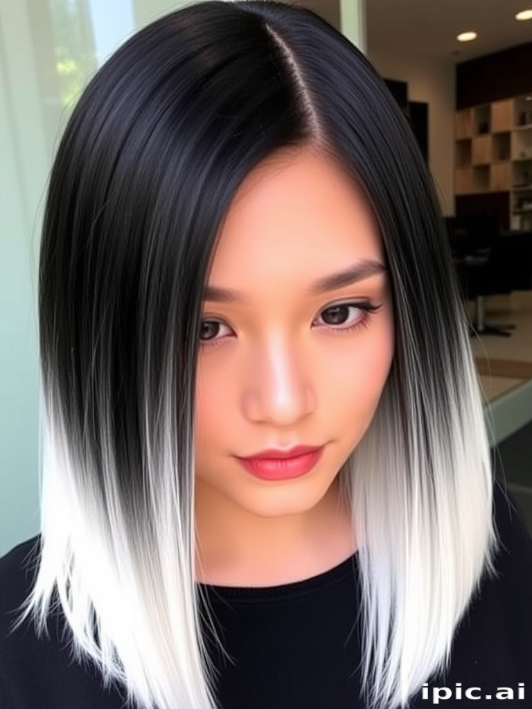 Jet black to white ombre styled in a sleek, pin-straight lob by "Monochrome Magic" salon, featuring a sharp, angled cut that's longer in the front, with a high-shine finish that creates a striking contrast between the dark roots and icy tips, exuding modern sophistication.