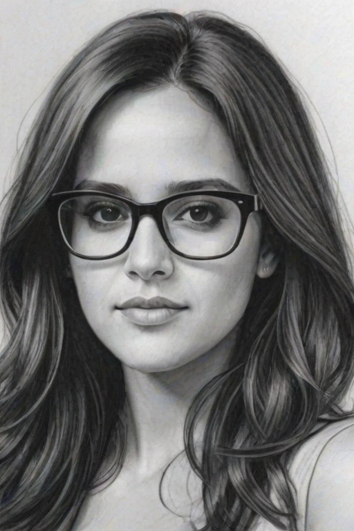 Stunning Melissa Fumero, pencil sketch, portrait of Radiant woman 1969s in glasses, hair style beatnik, outline, clear lines, fine lines, 8k