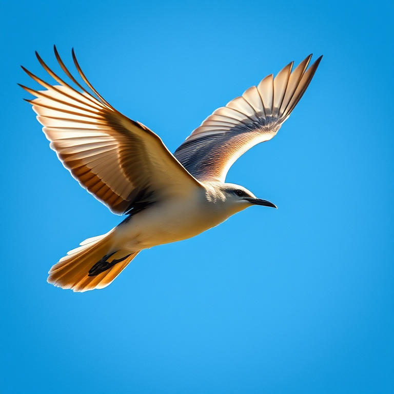 Create a high-resolution image of a stylized bird in flight against a blue sky background, using a Canon EOS R5 with a 50mm f/1.2 lens, aperture set to f/2.8, ISO 100, and a shutter speed of 1/1000s, capturing a dynamic angle to emphasize movement and clarity.
