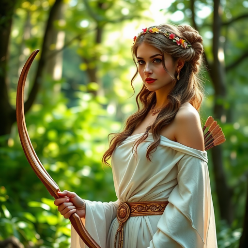 Create a portrait of a goddess-like female figure in a tranquil, forested environment. She has an elegant appearance with long, wavy hair styled in an updo and adorned with a delicate, floral headband. She wears a flowing, ancient Greek-inspired gown in a soft, pale color, featuring a one-shoulder design and draped fabric that accentuates her graceful form. The outfit includes a decorative belt with ornate gold detailing, and she holds a bow in her hand, with a quiver of arrows slung over her shoulder. The background depicts lush greenery, with sunlight filtering through the trees, casting a gentle, ethereal light on the scene. Her expression is calm and contemplative, embodying a sense of wisdom and serenity.