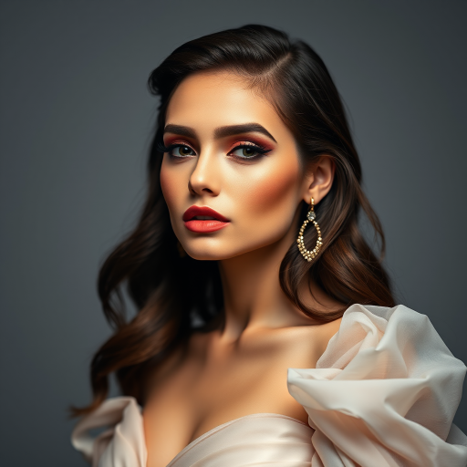 Studio portrait, female model, elegant couture dress, bold makeup, dramatic lighting, Utilize a 50mm portrait lens for crisp details and a soft background blur, 8k