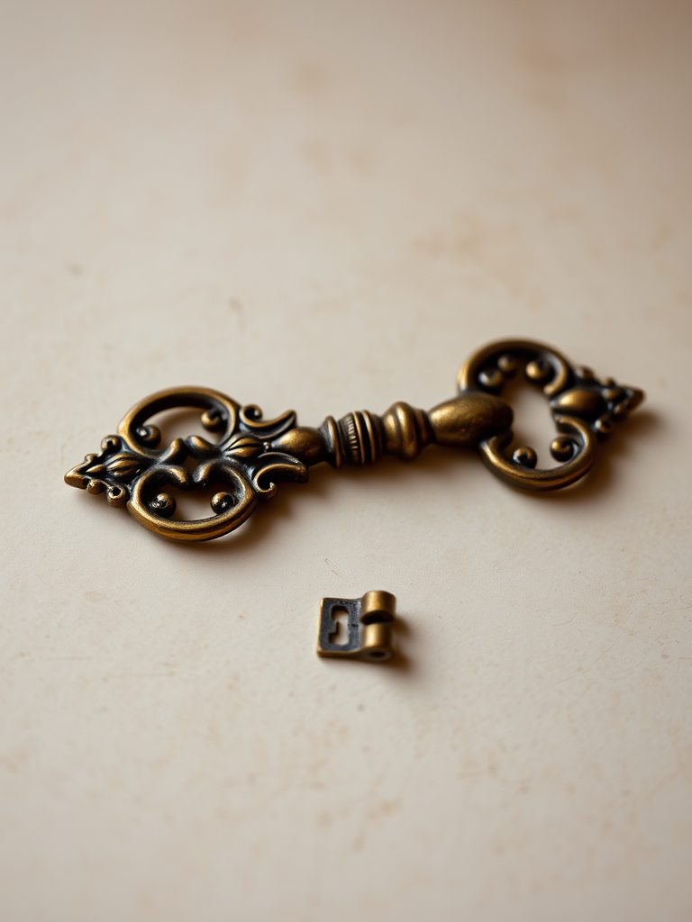 high-resolution image of an antique ornate key on a plain background, captured with a Canon EOS R5, 50mm lens, aperture f/2.8, ISO 100, natural lighting, soft focus style