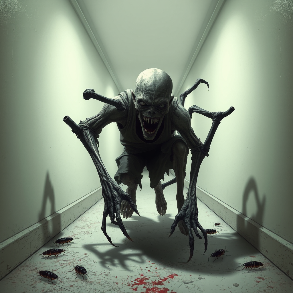 a crooked male with long arms and a creepy smile is crawling along a long white corridor and you can also see cockroaches in it there is a creepy atmosphere creepy art style