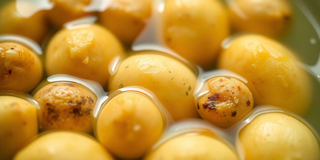 Close-up of freshly washed potatoes submerged in water, shallow depth of field, f/2.8, ISO 100, 50mm lens, natural lighting, macro photography style, DSLR camera.