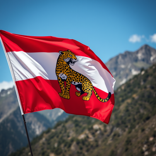 Capture a vibrant flag featuring a leopard on a mountainous background, with bold red, white, and yellow colors, using a DSLR camera at f/8, ISO 100, 50mm lens, and a slight upward angle to emphasize the flag's texture and colors.