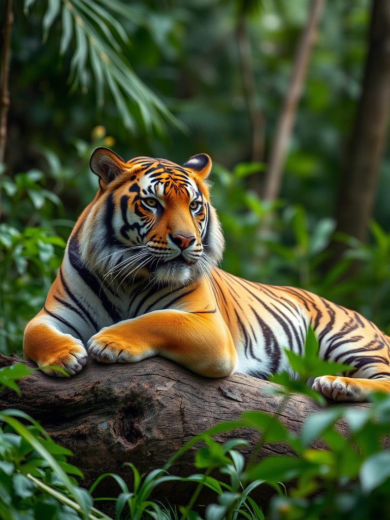 A majestic tiger resting on a log in a lush green jungle, captured with a Canon EOS R5, 85mm f/1.2 lens, ISO 200, aperture f/2.8, 1/250s, natural light, shallow depth of field for a soft background.