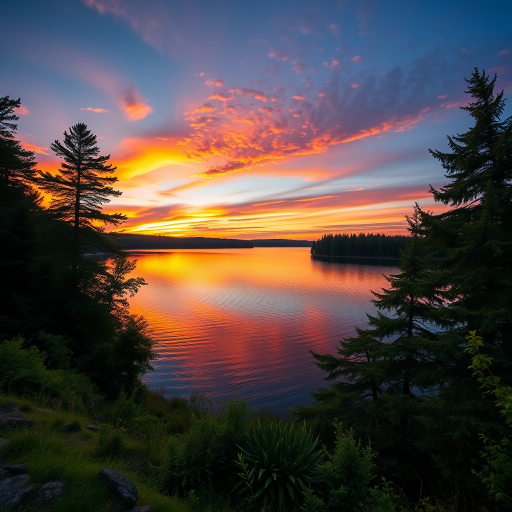 Generate a high-resolution image of a serene landscape featuring a vibrant sunset over a calm lake surrounded by lush trees, using a Canon EOS R5, 50mm lens, aperture f/2.8, ISO 100, with a wide-angle view and HDR style for enhanced color depth and detail.