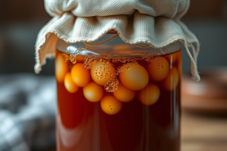 Capture a close-up of a jar with bubbling fermenting liquid covered by a cloth, using a DSLR camera, 50mm lens, aperture f/2.8, shutter speed 1/125, ISO 200, with soft focused background and natural lighting.