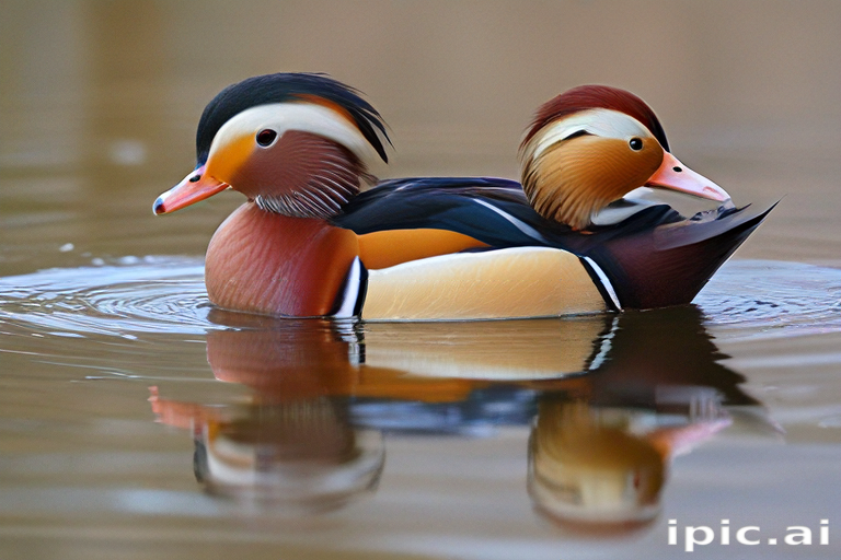 Elegant Mandarin Ducks Swimming Gracefully on a Serene Reflective Pond ...