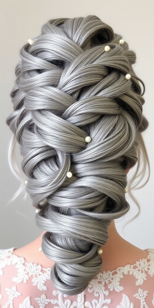 Silvery gray hair fashioned into an elaborate updo named "Moonlit Sonata," features intricate twists, braids, and curls woven together to create a stunning sculptural effect, adorned with delicate pearl pins for added elegance