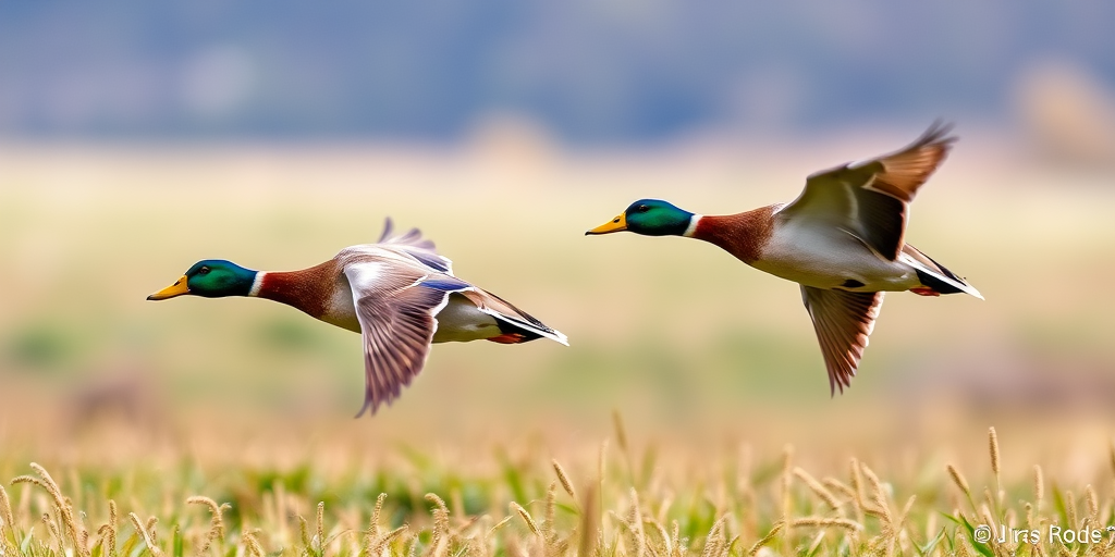 Two mallard ducks in flight over a grassy area with soft-focus background, captured with a Canon EOS 5D Mark IV, 1/2000s, f/4, ISO 400, shallow depth of field, continuous shooting mode.