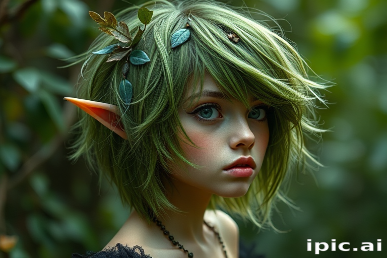 Enchanting forest green-haired nymph with a tousled, layered bob featuring leaf-like textures and nature-inspired accessories