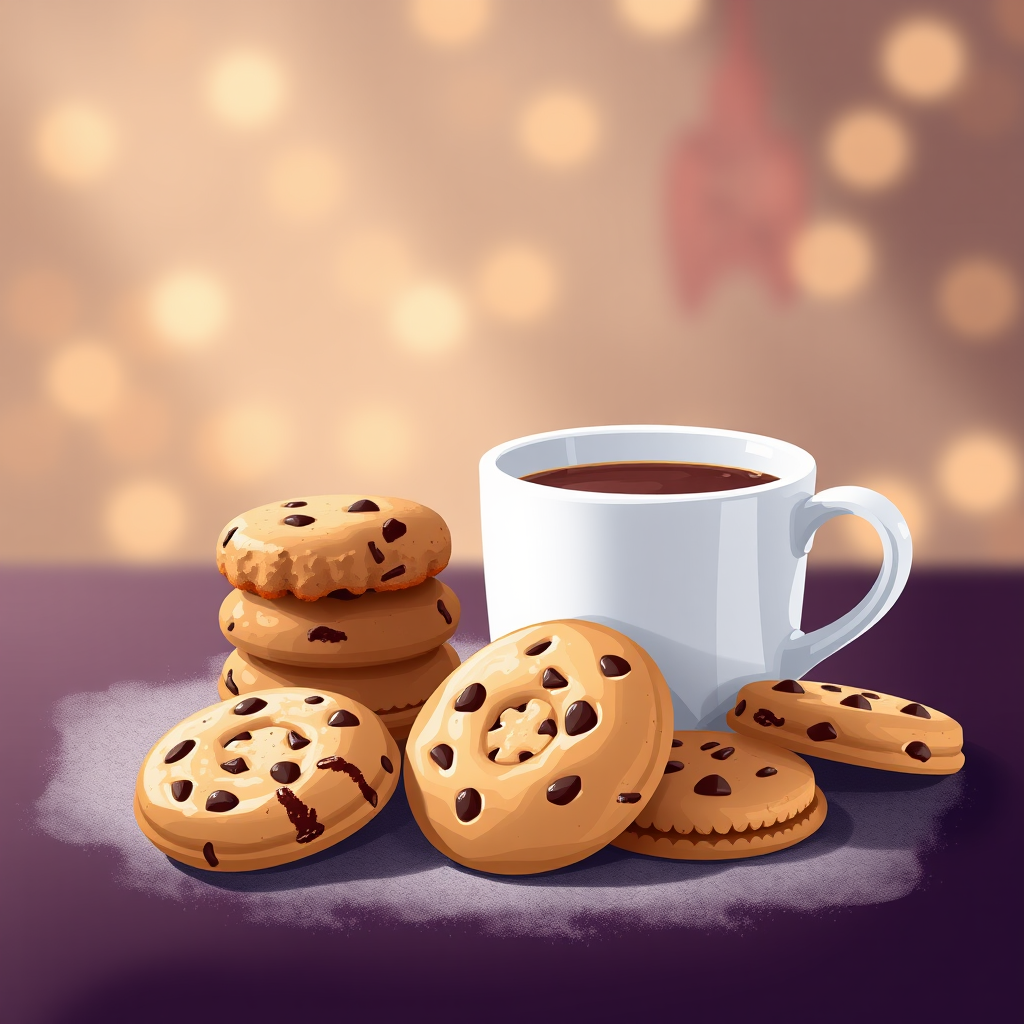 Generate an illustration of a variety of cookies and a cup of hot chocolate, displayed artistically, with a soft-focus background, using a digital camera at f/2.8, ISO 100, 50mm lens, in a studio lighting setup for vibrant colors and enhanced details.
