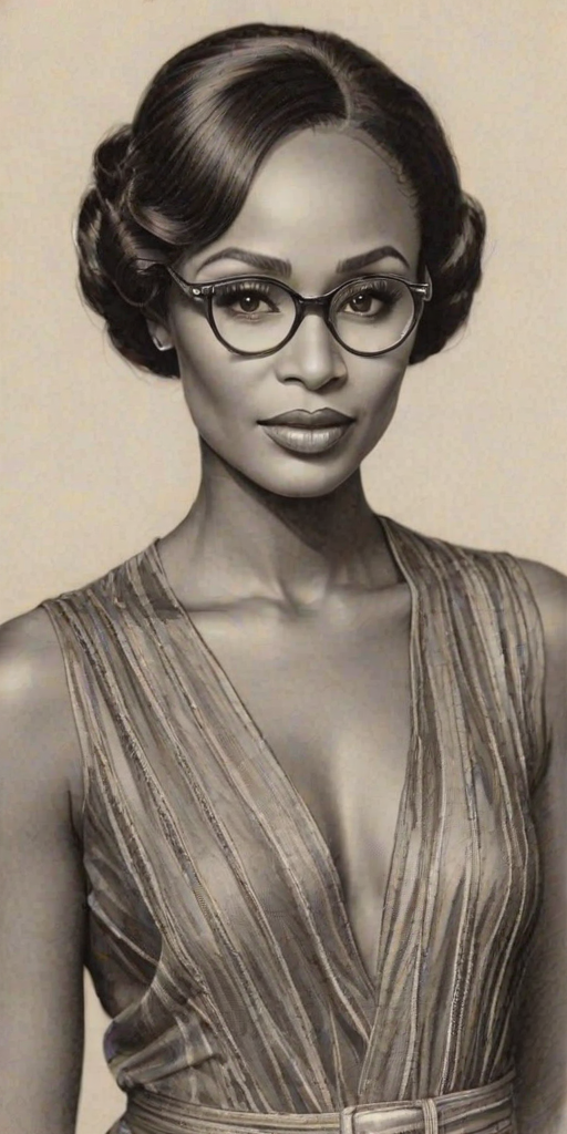 Enchanting Cynthia Bailey, pencil sketch, portrait of Beauteous woman 1920s in glasses, hair style beatnik, outline, clear lines, fine lines, 8k