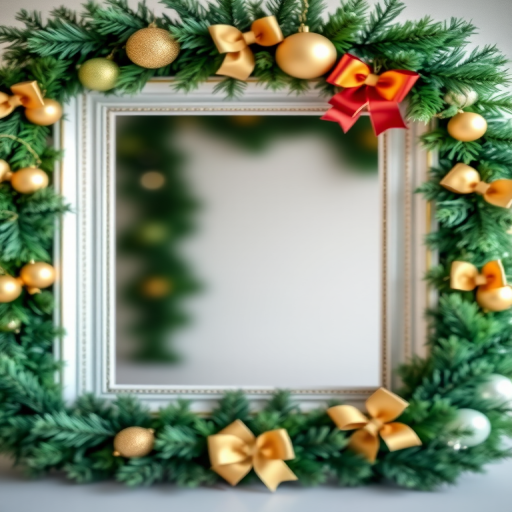 Create a high-resolution image of an empty picture frame surrounded by a lush green garland adorned with golden ornaments and bows, captured with a DSLR camera at f/2.8 aperture, ISO 100, 50mm lens, with a shallow depth of field and soft focus background.