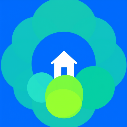 create a vivid digital illustration of a minimalist house icon centered in a deep blue circle, surrounded by various overlapping circles in soft green and teal shades, use a high resolution of 300 DPI, shot from a frontal view with a clean and bright style, simulated with a DSLR camera type, aperture set to f/2.8 for depth of field.