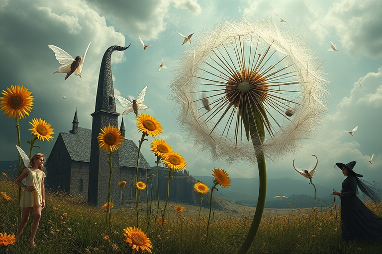 A surreal allegory featuring ethereal fairies, towering sunflowers, and an enigmatic witch, all set within a dreamlike landscape. The scene is dominated by a colossal dandelion, its delicate seeds floating through the air, reminiscent of Yves Tanguy's abstract forms. The environment is a blend of otherworldly elements and natural beauty, with twisted, elongated shapes and surreal colors that evoke a sense of mystery and enchantment.