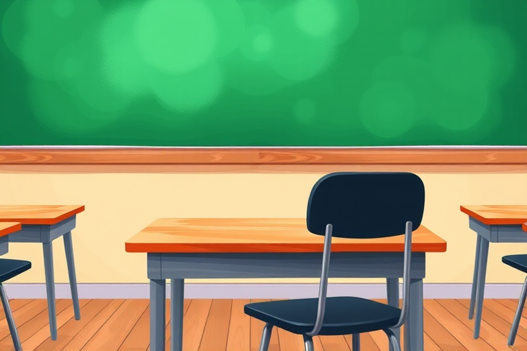 Create a vibrant illustration of a classroom scene with a wooden desk and a black chair facing a green chalkboard, using a DSLR camera with a focal length of 35mm, aperture set to f/8, ISO 200, and a slight vignette effect to enhance depth.
