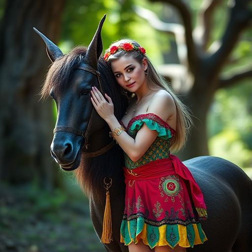 Create a high-quality fantasy scene featuring a woman in a vibrant outfit embracing a centaur, shot with a DSLR camera at 50mm, f/1.8, ISO 100, in natural light, with a shallow depth of field to focus on the subjects and blur the background.