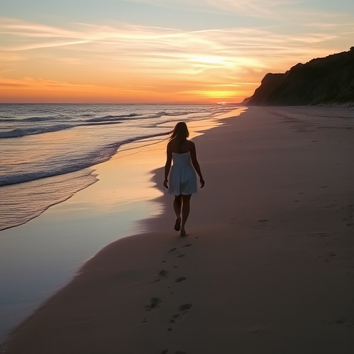 Deserted beach at sunset, a lone woman walks along the shoreline, her footprints trailing in the wet sand as the waves lap gently at her ankles.