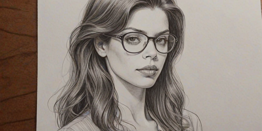 Fascinating Vanessa Ferlito, pencil sketch, portrait of Exquisite woman 1979s in glasses, hair style beatnik, outline, clear lines, fine lines, 8k