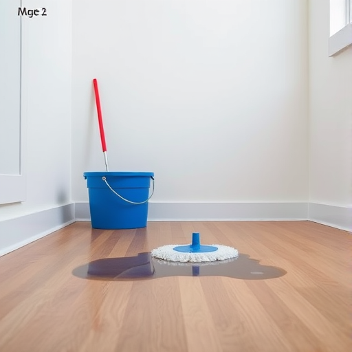 A clean room interior with a blue bucket, a mop with a red handle, and a puddle of water on polished wooden floor, captured from a slightly elevated angle using a Canon EOS R5 camera, with a 24mm f/1.4 lens, ISO 100, aperture f/5.6, and a shutter speed of 1/100 sec to enhance image clarity and detail.