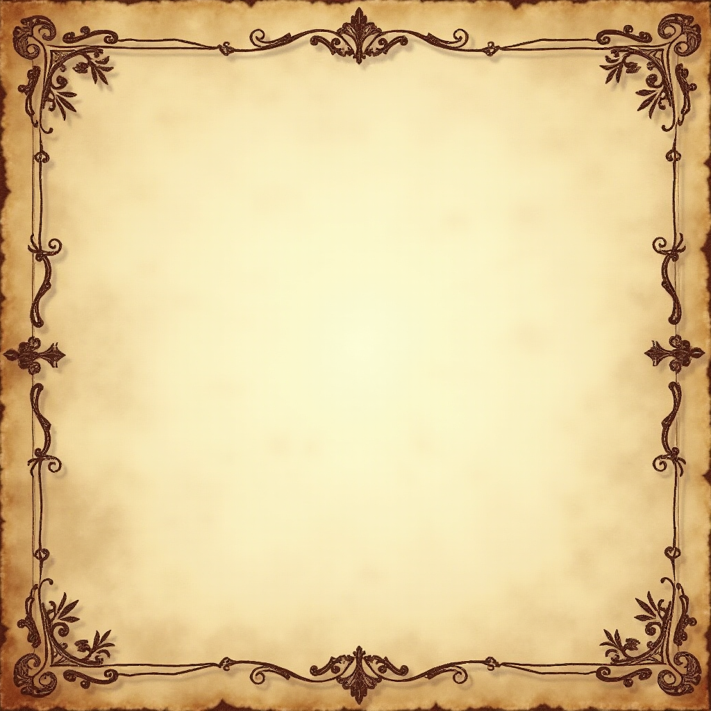 Generate a high-resolution image of an antique parchment background with ornate borders, captured with a DSLR camera at ISO 100, f/8 aperture, and a focal length of 50mm, using a soft natural light to enhance texture and details.