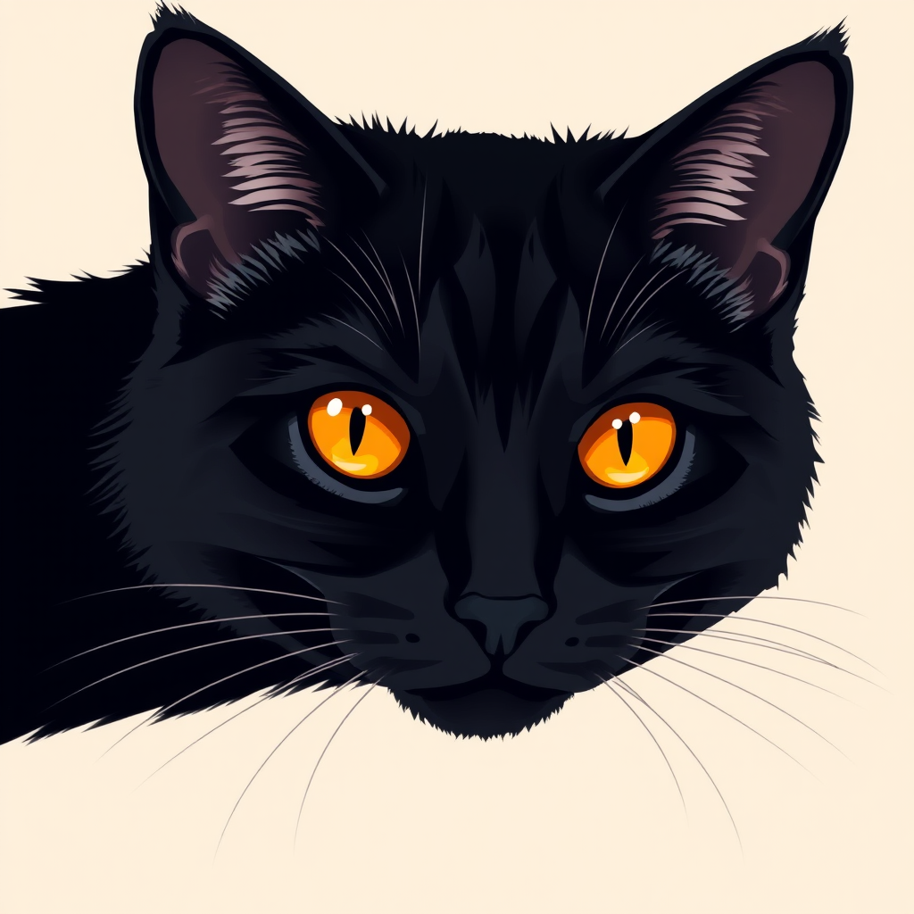 create a digital illustration of a black cat's face with vivid orange eyes and detailed ear features on a plain light background