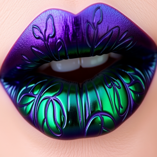 Duochrome lips shifting between deep emerald and royal purple, named "Enchanted Forest," with a metallic finish and intricate leaf-like patterns embossed on the surface