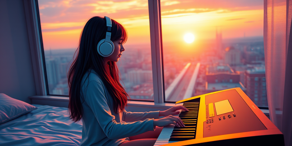 Create a vibrant digital artwork of a girl with long dark hair wearing headphones, sitting on a bed and playing a keyboard, with a glowing sunset through a window illuminating a city skyline, use a 50mm lens, f/1.8 aperture, ISO 200, natural light, and a warm color palette.