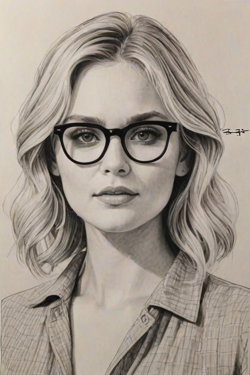 Radiant Eliza Taylor, pencil sketch, portrait of Enticing woman 1961s in glasses, hair style beatnik, outline, clear lines, fine lines, 8k