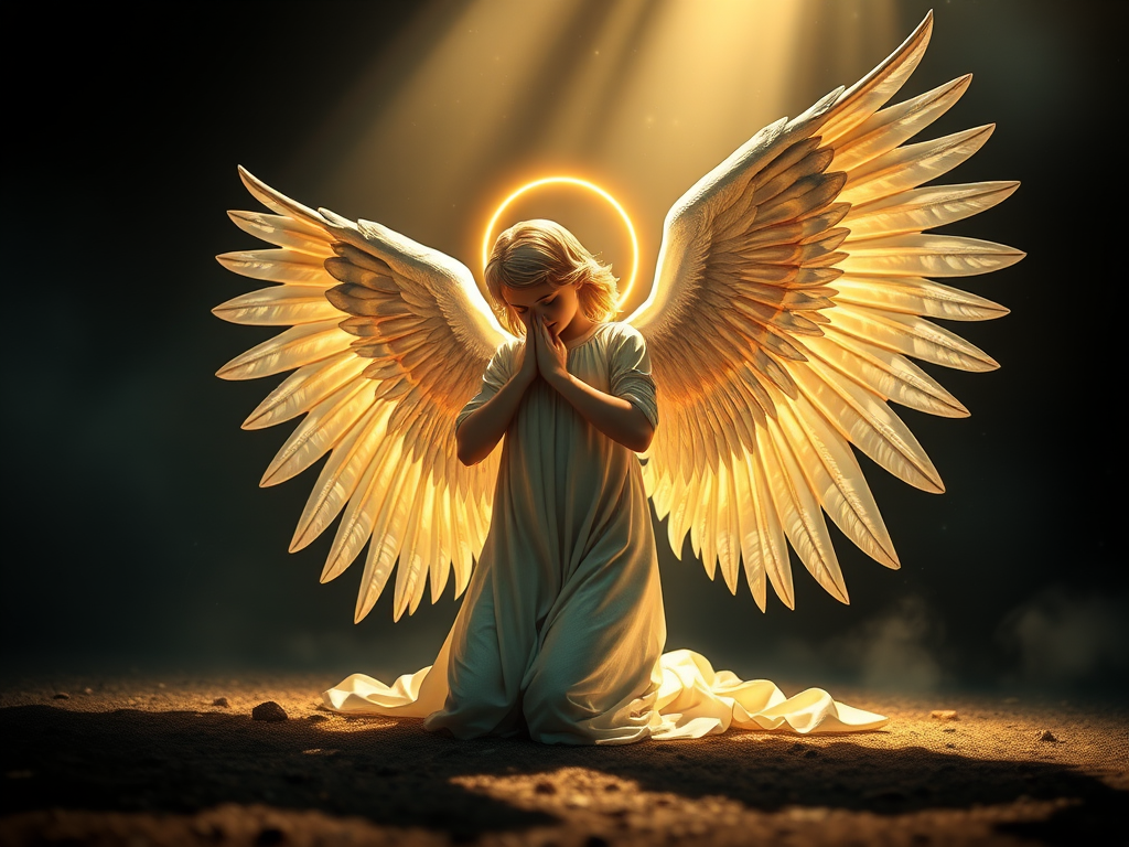 Create an intricately detailed illustration of an angel with outstretched wings, positioned gracefully on the ground, illuminated by a radiant halo, captured with a Canon EOS 5D Mark IV using a 50mm f/1.4 lens, aperture set to f/2.8, ISO 100, and shot from a low angle to emphasize its majestic presence.