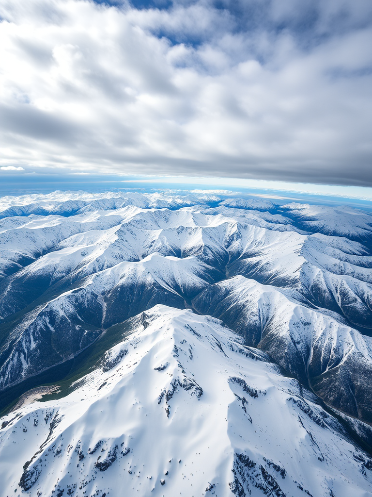 Aerial view of snow-capped mountains under a cloudy sky, high resolution, wide-angle lens, f/8 aperture, ISO 200, shot with a DSLR camera, 24mm focal length.