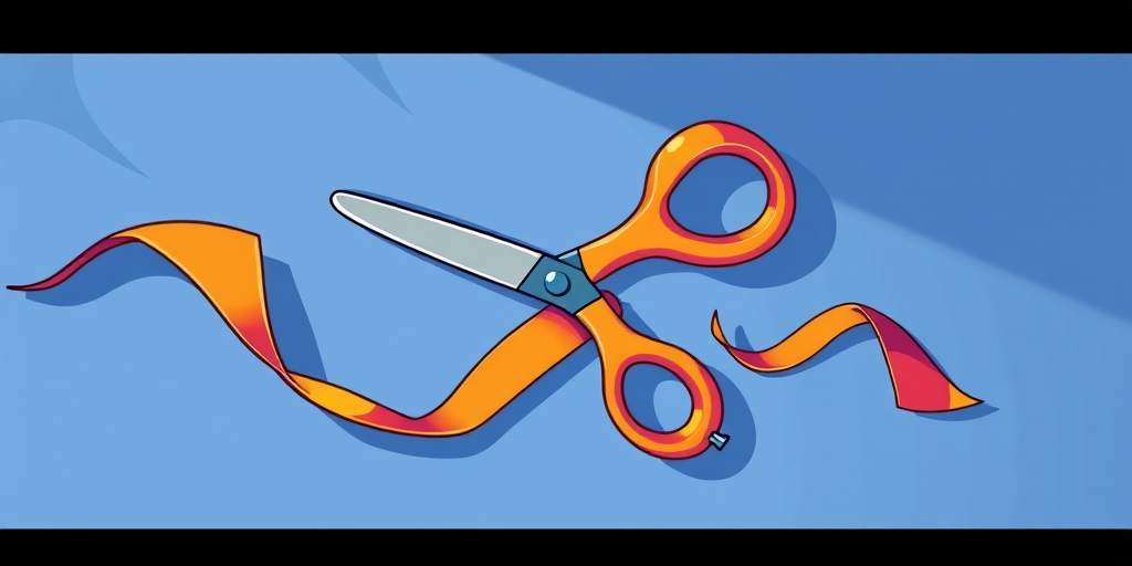 Create an illustration of a pair of scissors cutting through a ribbon, with vibrant colors and dynamic lines, captured in a top-down view using a DSLR camera at f/2.8 aperture, ISO 200, 1/60s shutter speed, with a vivid cartoonish style and enhanced contrast for sharpness.