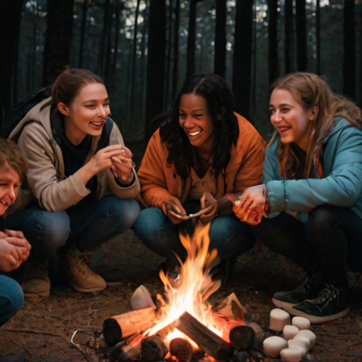 Low-resolution snapshot of a group of friends gathered around a campfire, roasting marshmallows, soft orange glow illuminating their faces, laughter frozen in the moment, dark woods surrounding them, a few tents pitched in the background, stars twinkling faintly in the sky above.