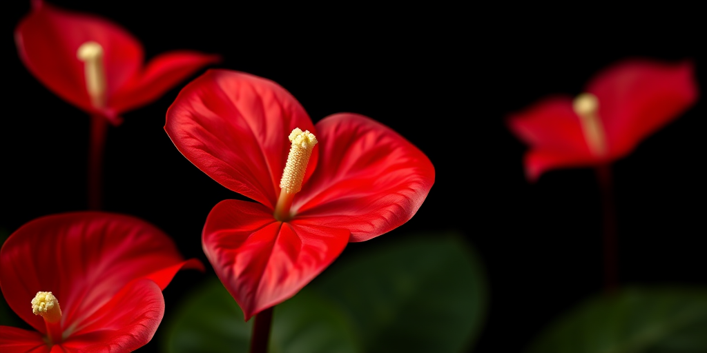 high-resolution close-up of vibrant red anthurium flowers against a black background, using a Canon EOS R5, 85mm f/1.4 lens, ISO 100, aperture f/8, and a softbox for enhanced lighting.