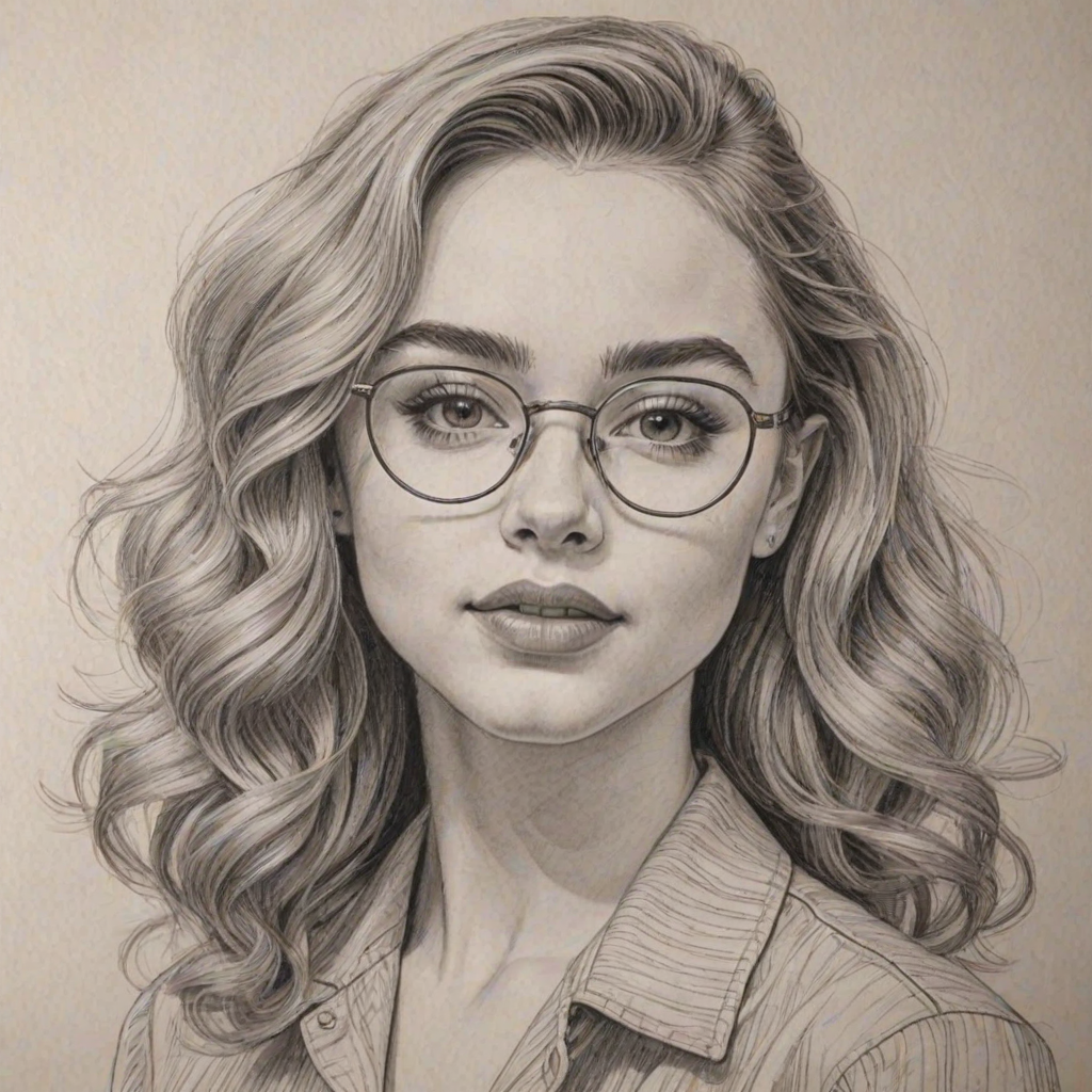 Radiant Sabrina Carpenter, pencil sketch, portrait of Bewitching woman 1947s in glasses, hair style beatnik, outline, clear lines, fine lines, 8k