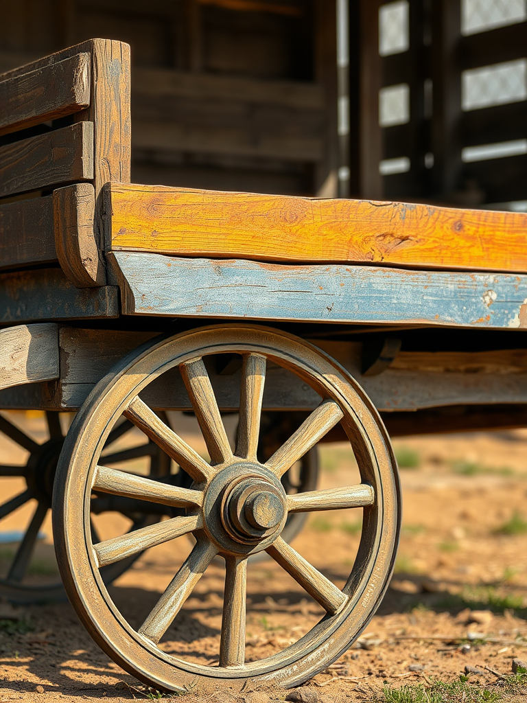 Photograph a rustic wooden cart with weathered textures and peeling paint, using a DSLR camera with a 50mm lens, aperture f/2.8, ISO 200, in natural daylight from a low angle to emphasize the wooden details and wheel structure, ensuring a shallow depth of field for a soft background blur.
