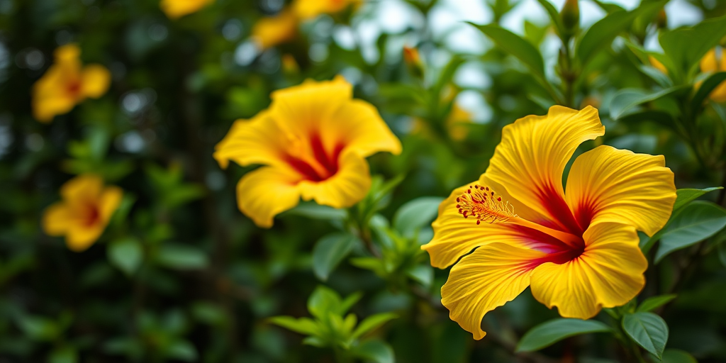 Capture a close-up of yellow hibiscus flowers with lush green foliage in the background, using a DSLR camera, 85mm lens, aperture f/1.8, ISO 200, shutter speed 1/500 sec, in natural soft lighting for enhanced detail and vibrancy.
