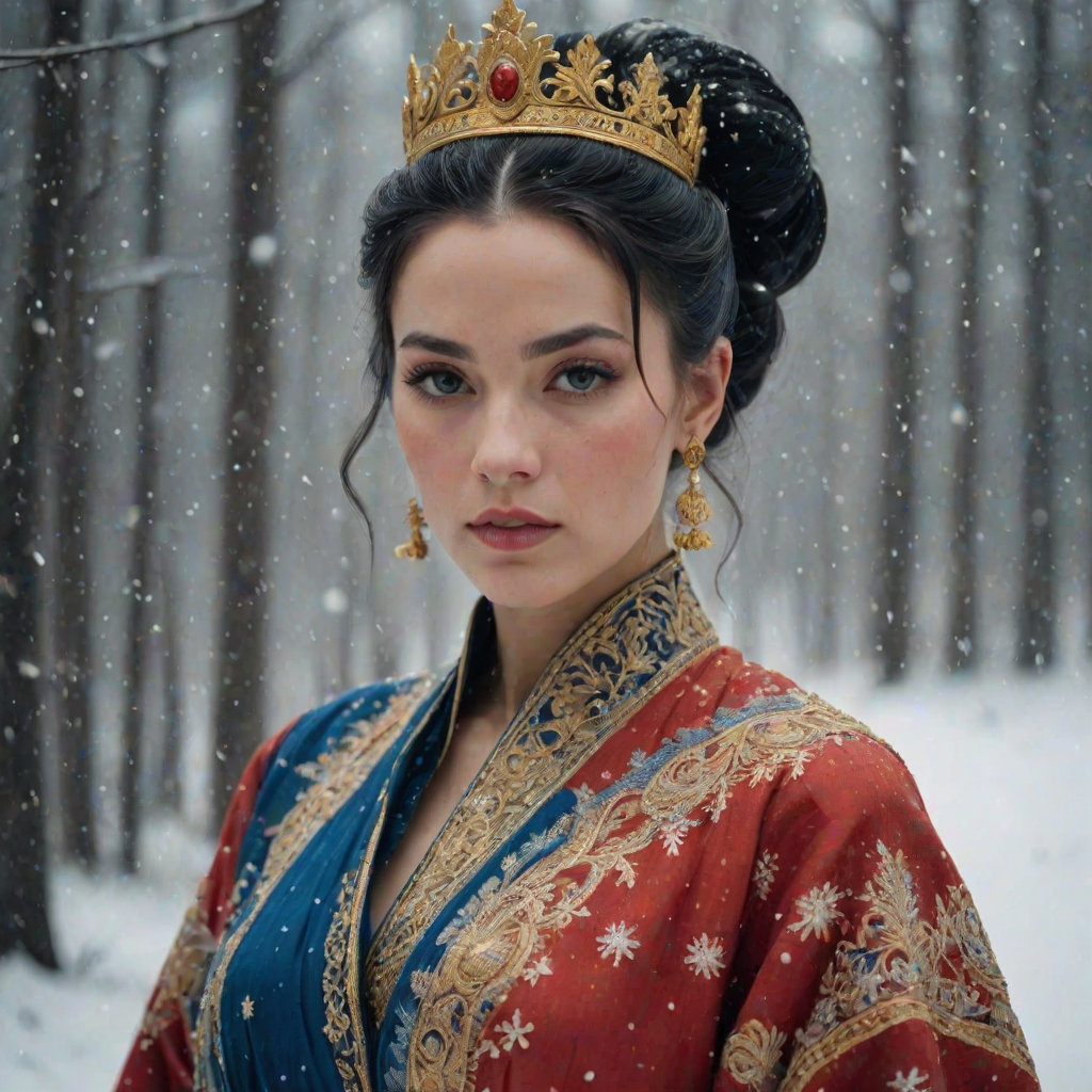 A young woman with long black hair styled in a high bun, adorned with a gold crown and intricate hair ornaments, stares intently at the viewer. She wears a vibrant red and gold embroidered robe with blue accents, a gold belt with a large ornate buckle, and a blue and gold shoulder piece. The woman is positioned in the center of the frame, with the background blurred and filled with falling snow. The image has a soft, ethereal feel with a focus on the woman's face and attire, creating a portrait-like composition. The colors are rich and saturated, with the red, gold, and blue of the clothing standing out against the muted blue and white of the snowy backdrop. The lighting is soft and diffused, casting a warm glow on the woman's face.  The overall mood is elegant and mysterious.  The details of the woman's attire, especially the intricate embroidery and embellishments, add a sense of opulence and grandeur.  The falling snow further enhances the sense of winter magic and wonder.