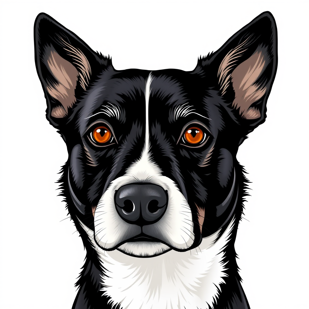 Create a detailed illustration of a black and white dog with striking amber eyes. The dog's face should be prominent and expressive, featuring a mix of fur textures. The background should be a soft, neutral color to enhance the dog's features. The overall style should be bold and graphic, emphasizing the dog's unique characteristics.