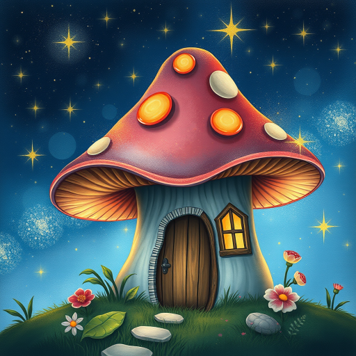 this picture is illustration of a mushroom house with a door and a window, a storybook , fantasy art, mushroom house, bg starry sky, sparkles