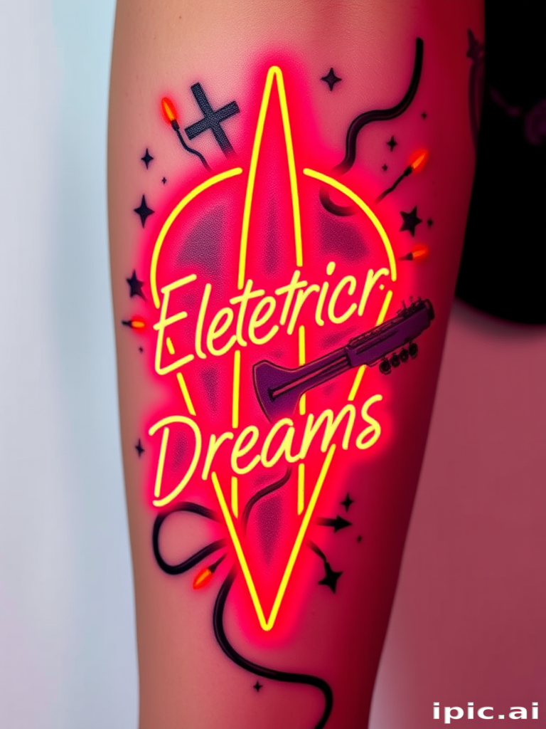 Neon sign-inspired tattoo called "Electric Dreams" using bold lines and vivid colors to mimic the glow of neon tubes, creating an eye-catching retro-futuristic design