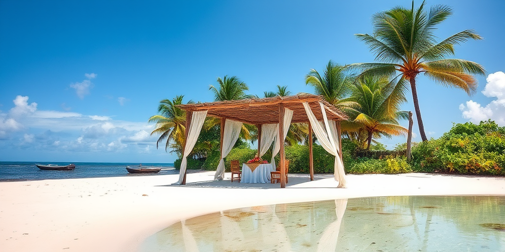 Create a picturesque tropical beach scene featuring a serene, white sandy shore. In the foreground, there's a rustic wooden canopy with white drapes gently flowing in the breeze. Underneath the canopy, a table is set with tropical decor, evoking a sense of relaxation and leisure. The beach extends into a calm, shallow water area with reflections of the sky and surroundings. Palm trees and lush greenery line the edge of the beach, providing a natural, tropical backdrop. The sky is clear with a few scattered clouds, and the overall atmosphere is tranquil and inviting, perfect for a peaceful retreat.