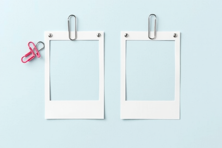 Create a set of four empty photo frames with paper clips, high-resolution, 50mm lens, f/2.8 aperture, natural lighting, top-down view, digital camera.