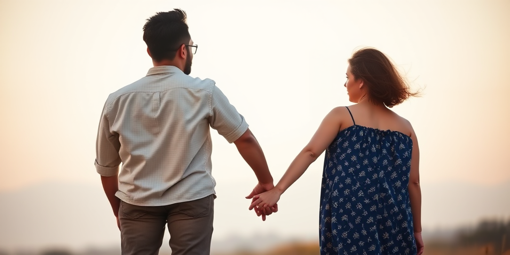 Create a vibrant and high-quality image of a man and a woman holding hands standing against a soft blurred background, captured with a Canon EOS R5, aperture f/1.8, ISO 100, shutter speed 1/200, portrait orientation, natural lighting, and shallow depth of field.