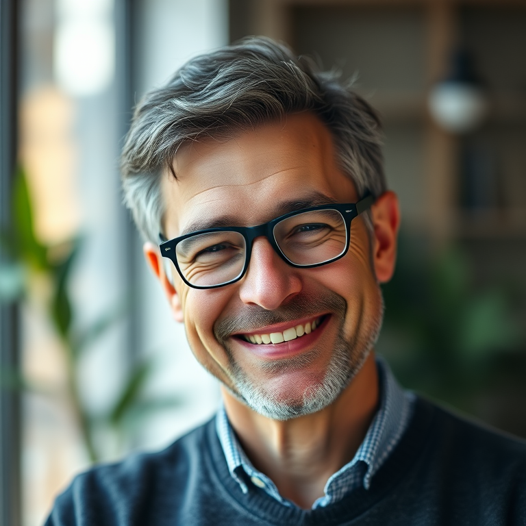 portrait of a middle-aged man with glasses smiling softly, natural light, shallow depth of field, f/2.8 aperture, 85mm lens, soft focus, contemporary background, taken with a DSLR camera